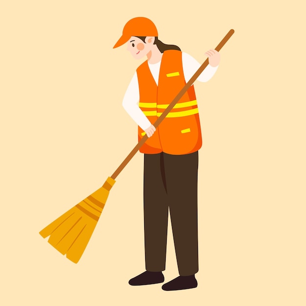 Sanitation workers are cleaning with city buildings in the background vector illustration