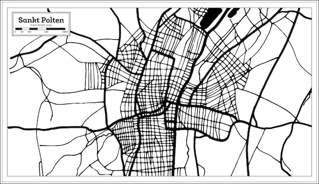 복고 스타일 개요 지도에서 흑백 색상의 장크트 폴텐 오스트리아 도시 지도