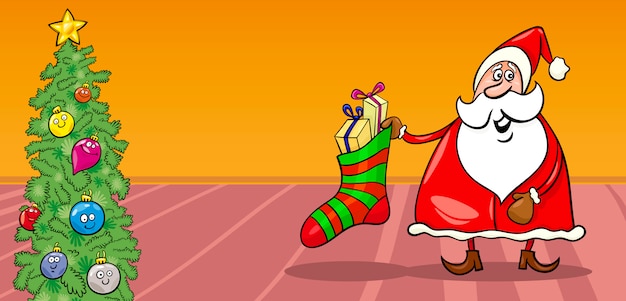 Санта и рождественские носки мультяшные карты