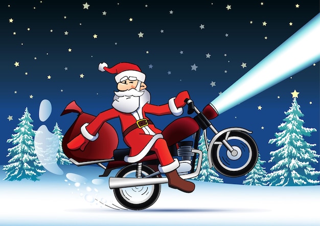 Santa bike new year card. funny santa claus with christmas gifts on a bike. new year greetings.