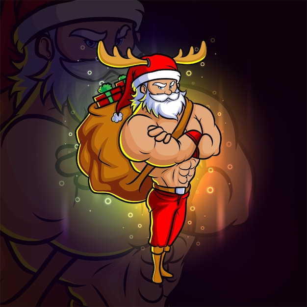 The santa brings many gift with sack esport mascot design of illustration