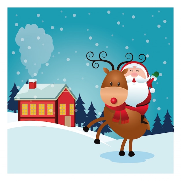 Santa cartoon and reindeer icon over landscape
