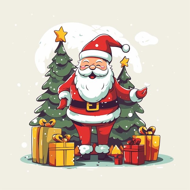 santa cartoon vector with Christmas tree