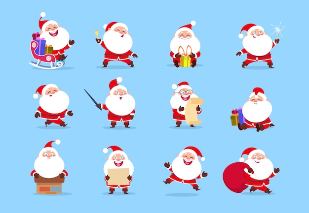 Santa character. funny cartoon cute santa claus characters with different emotions,  element for christmas greeting card