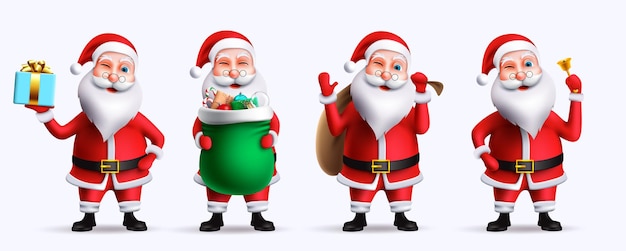 Set vettoriale di caratteri di babbo natale. personaggi di babbo natale 3d in piedi e in possesso di regali, borsa.