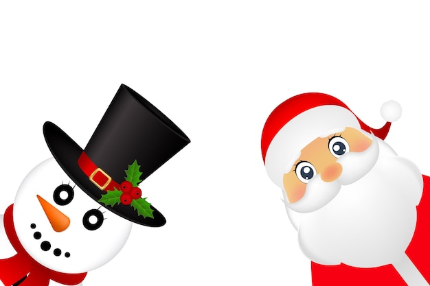 ベクトル 白い背景にサンタ クロースとクリスマス雪だるまが立っているベクトル図