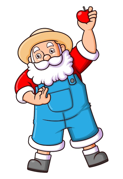 The santa claus as the farm is harvesting the apple in the garden