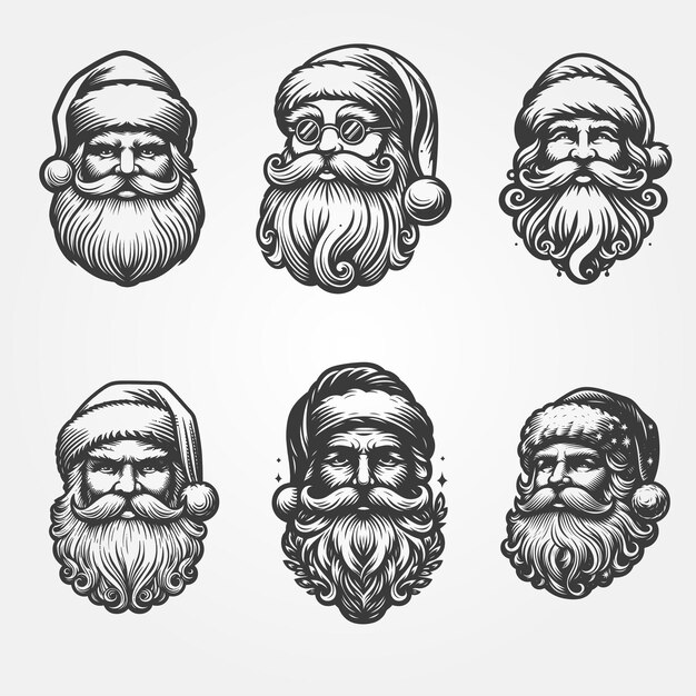 Vettore santa claus in bianco e nero vector illustration design incisione stile logo set collection