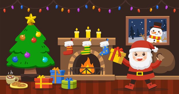 Vector santa claus bring the sack with gifts for christmas in decorated living room winter holidays.