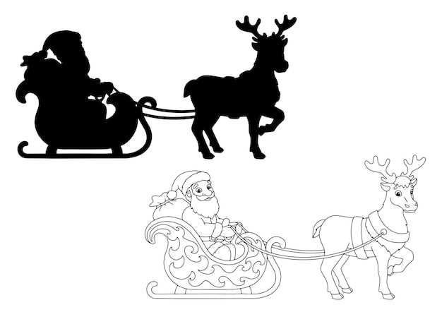 Santa Claus carries Christmas presents on a reindeer sleigh Black silhouette