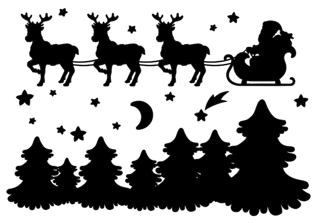 Vector santa claus carries christmas presents on a reindeer sleigh night forest black silhouette