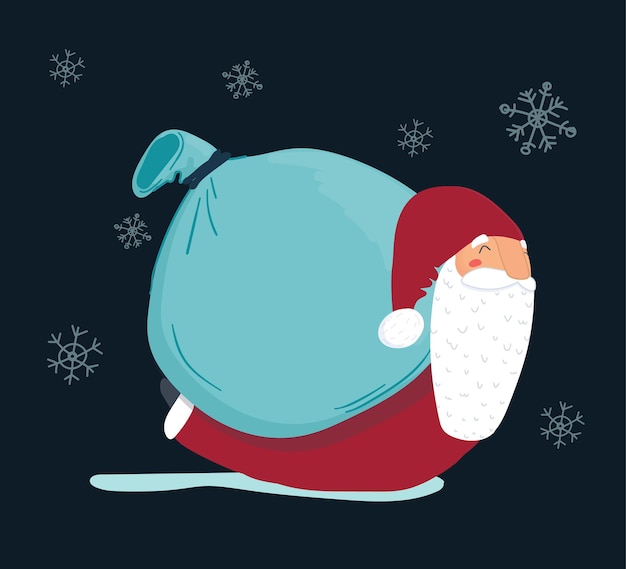 Santa claus carrying bag like snail, christmas vector illustration, funny cartoon character delivery