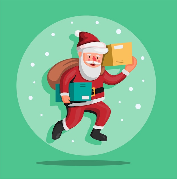 Санта-Клаус, несущий пакет. курьерская доставка в рождественский сезон концепция в мультяшном стиле