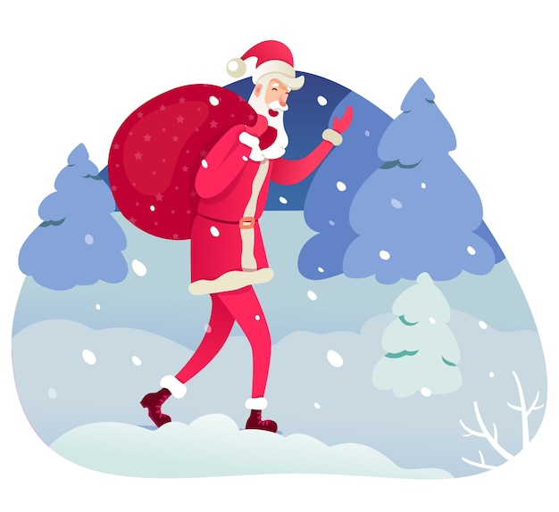 サンタクロースが袋のイラスト、クリスマス、年末年始の要素、冬の風景、森の背景におとぎ話の父フロストにサンタの漫画のキャラクターを運ぶ。