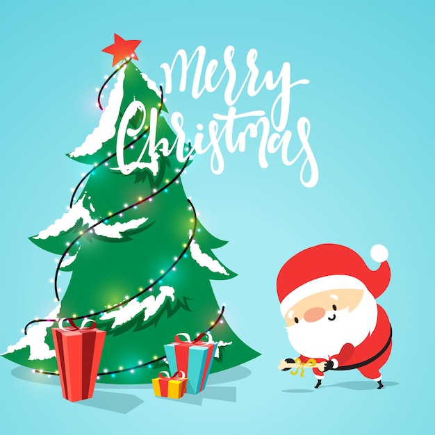 Персонаж мультфильма Санта-Клаус кладет подарки под елку. Улыбающийся Санта-Клаус смешной и милый в плоском стиле. Рождественские открытки и баннеры. Векторная иллюстрация