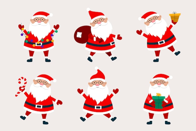 Santa claus cartoon collection with gifts, bag, candy cane, and garland.