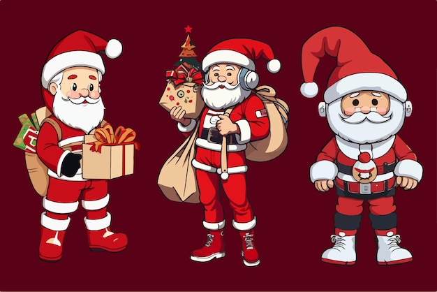 Vector santa claus cartoon personage en kerst vakantie accessoires xmas boom feestelijke voedsel krans