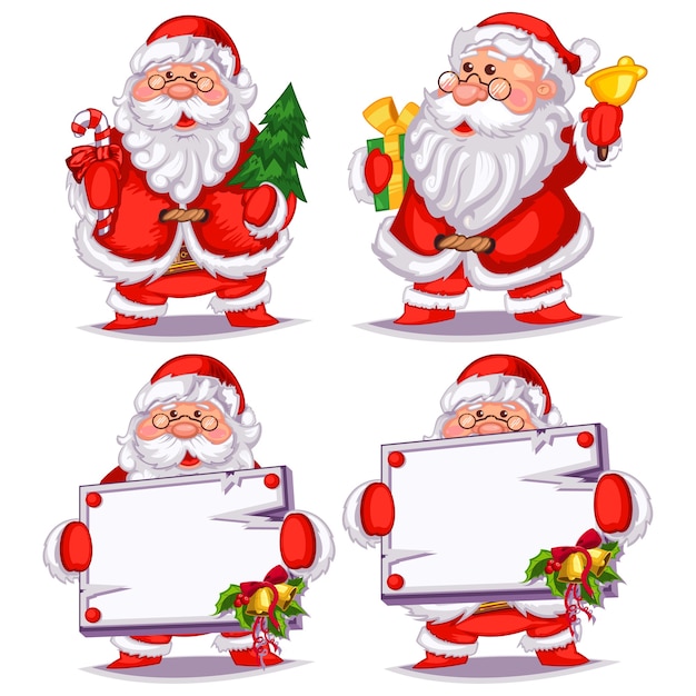 Santa claus cartoon set with a Christmas tree, gift, bell, candy cane and empty blank.