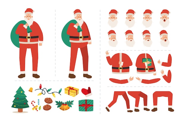 Vector santa claus character for animation with various facial expressions, hand gestures, body and leg movement illustration