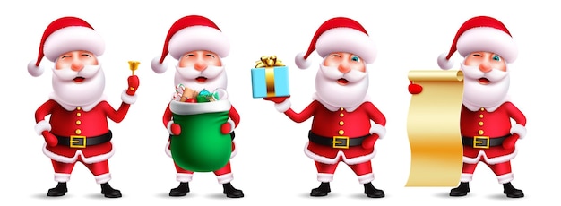 Santa claus character vector set. Santa claus in 3d realistic christmas characters with gift, bag.