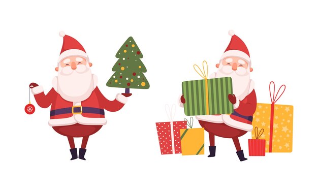 Santa Claus Character with White Beard and Red Hat Holding Gift Box and Christmas Fir Tree Vector Set