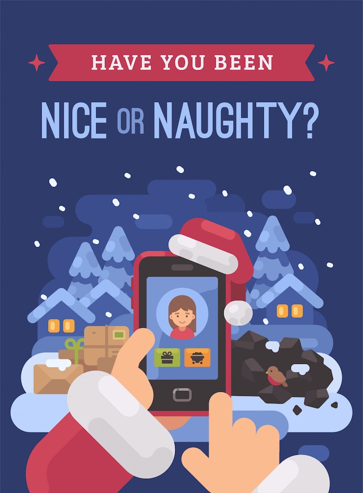 Vector santa claus checking children profiles online
