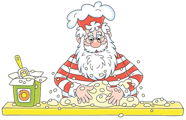 Santa Claus in a chef hat standing at his kitchen table and kneading dough to cook a holiday pie