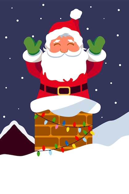 Vector santa claus in the chimney santa claus on the roof christmas card