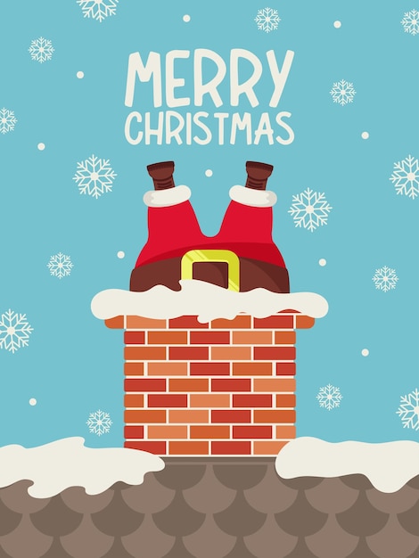 Santa Claus in the chimney, stylish postcard. Merry Christmas. Vector illustration