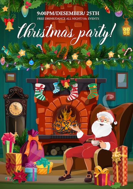 Vector santa claus christmas fireplace and xmas gifts