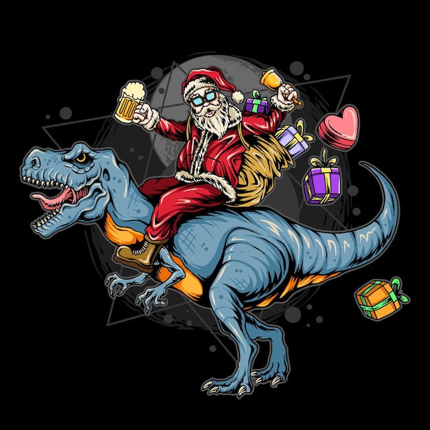 santa claus christmas  riding a rex dinosaur carrying gifts