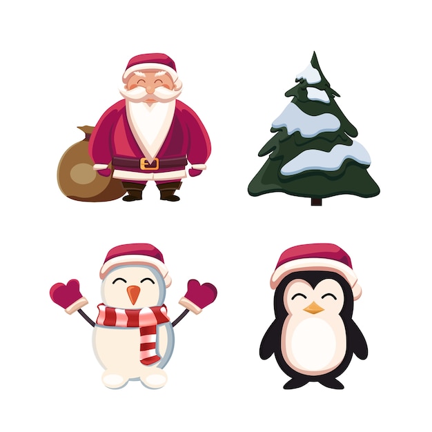 Babbo natale, albero di natale, pupazzi di neve e pinguino. personaggi dei cartoni animati di natale isolati su priorità bassa bianca