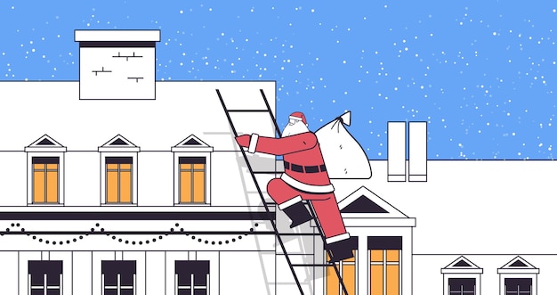 Santa claus climbing on roof happy new year merry christmas holiday celebration concept horizontal linear