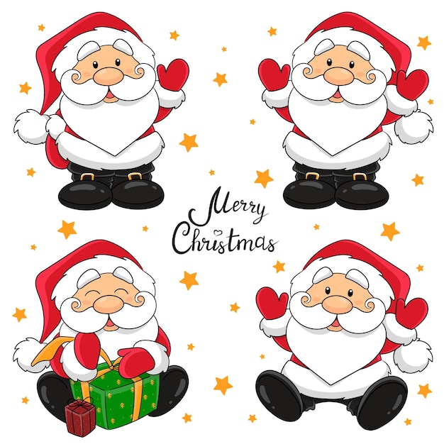 Santa Claus clip art with a white beard in a red hat with a pompom black boots and a red jacket