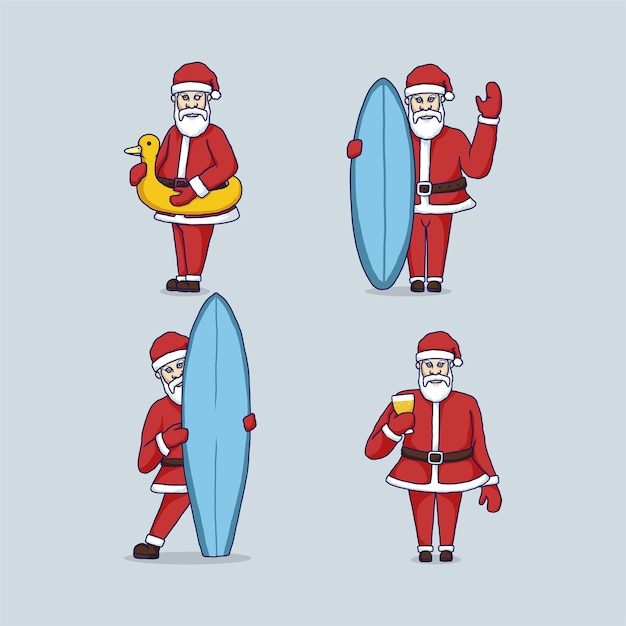 Santa claus collection illustration with surfboard