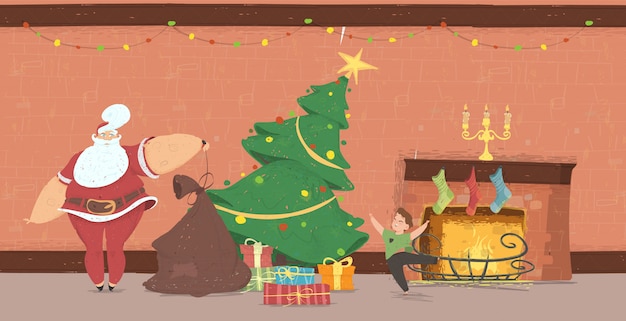 산타 클로스는 선물로 행복한 아이에게 집에 와서