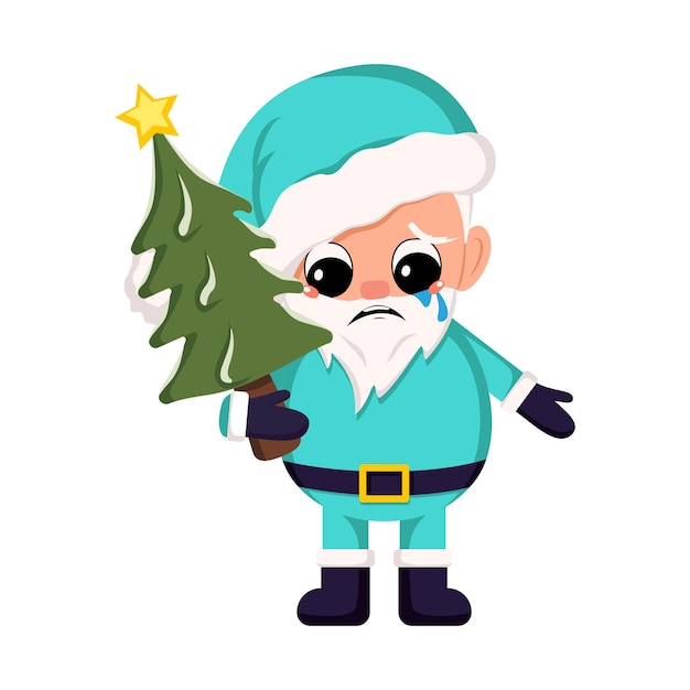Santa claus in costume and hat with bag of gift. symbol of new\
year and christmas. cute character with crying and tears emotion,\
sad face, depressive eyes