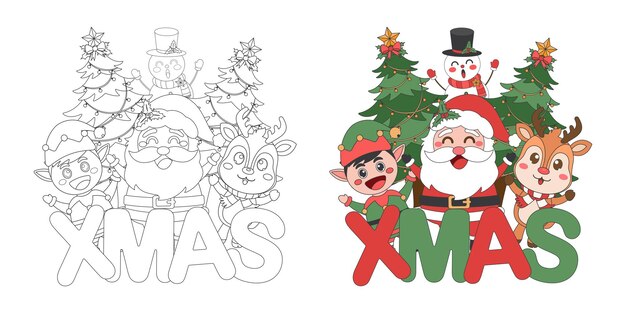 Santa Claus and cute Christmas characters with XMAS alphabet Christmas theme line art doodle cartoon illustration Coloring book for kids Merry Christmas