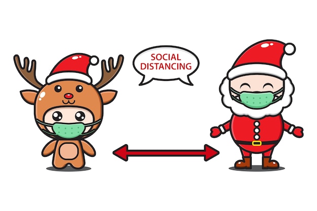 Santa claus and cute deer with mask social distancing illustration