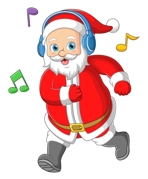 Vector santa claus dancing and listening music by big headphones