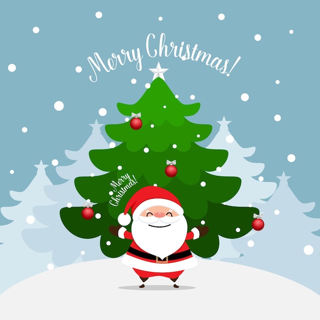 Санта-Клаус и украшенная елка. С Рождеством и Новым годом фон. Векторная иллюстрация