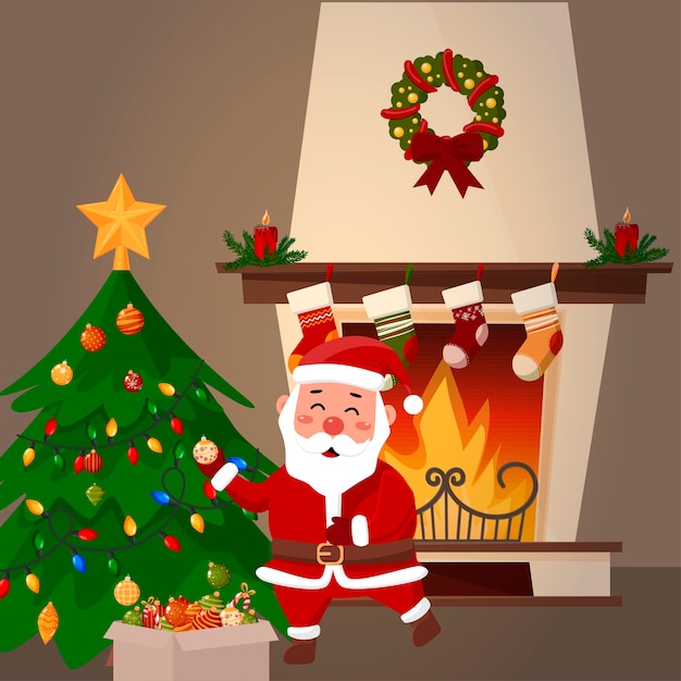 Vector santa claus decorates the christmas tree. fireplace in the background. cartoon illustration.
