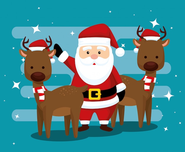 Santa claus and deers with hat and scarf