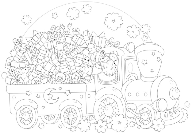 그의 재미있는 장난감 기차에 크리스마스 선물을 전달하는 산타 클로스