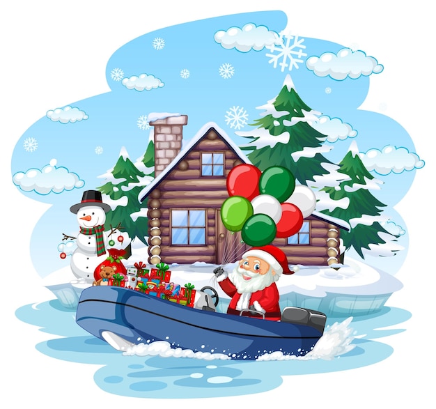 Santa Claus delivering gifts by boat