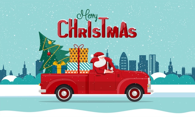赤いトラックで贈り物を届けるサンタクロース。メリークリスマスと新年あけましておめでとうございます休日のお祝いのコンセプト、冬の街並みの背景。