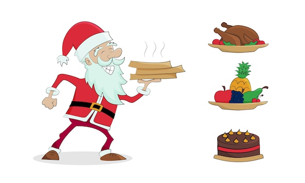 Santa Claus delivers food Pizza fast food or fruit delivery Soncept of Christmas delivery