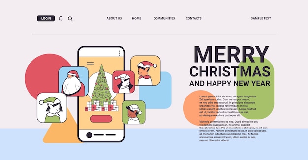 santa claus discussing with elves during video call on smartphone screen merry christmas happy new year winter holidays celebration horizontal copy space linear vector illustration