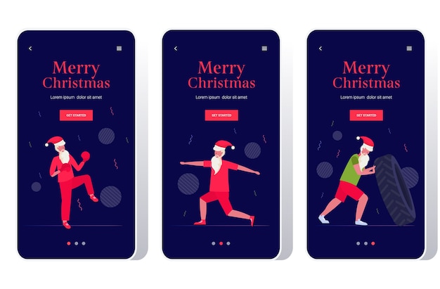 Santa claus doing physical exercises bearded man training workout healthy lifestyle concept christmas new year holidays celebration smartphone screens set