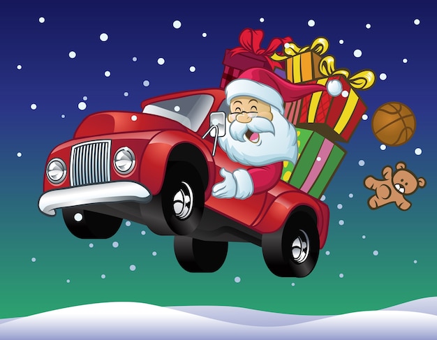 Vettore babbo natale guidare un camion pieno di regalo di natale